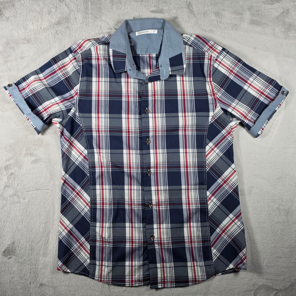 Renuar Plaid Button Down Mens XL Navy Blue Red White‎ Short Sleeve Casual Shirt